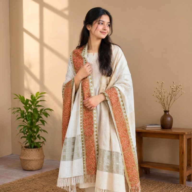 Women's Woolen Shawl - Off White Floral Border