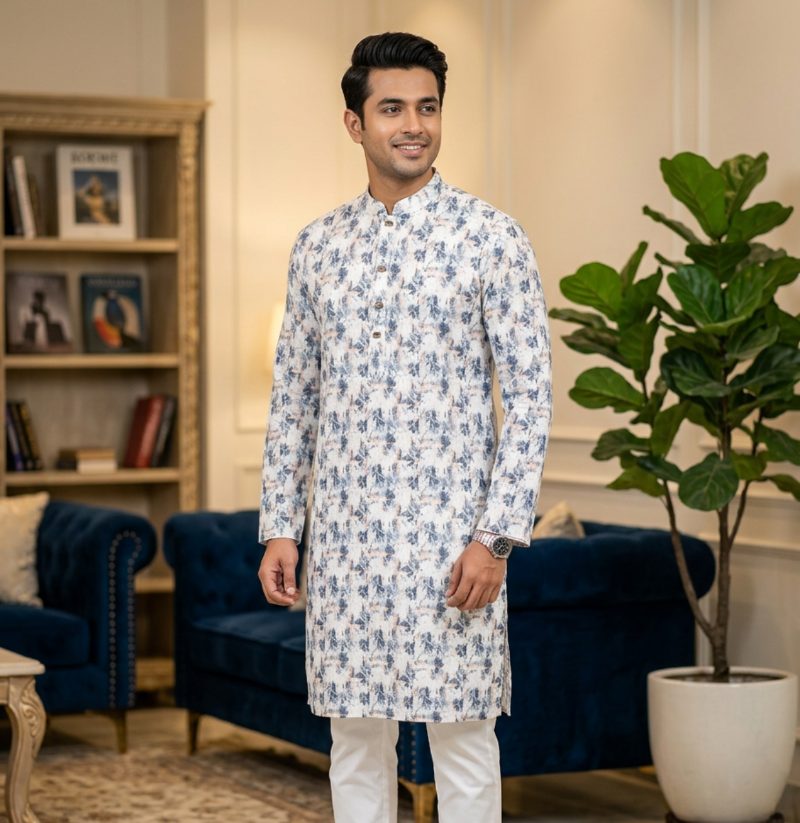 Printed Cotton Panjabi - White Blue