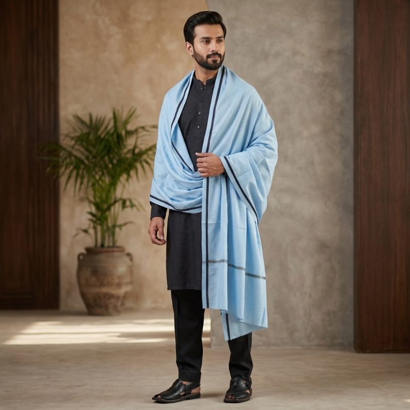 Men's Woolen Shawl - Light Blue Navy Border