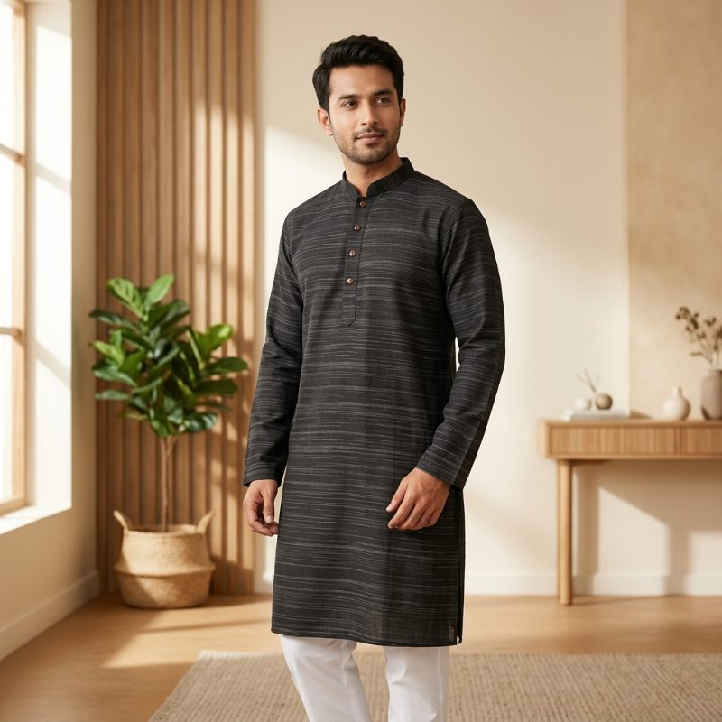 Khadi Cotton Panjabi - Charcoal Black
